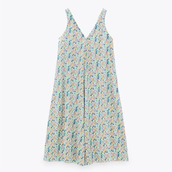 ZARA SATIN V-NECK STRAPPY FLORAL PRINTED FLOWY DRESS - Picture 6 of 7